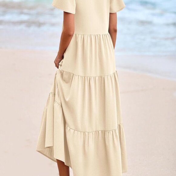 Summer Maxi Dresses for Women 2025 Spring Fashion Short Sleeve Button V Neck Ple - Picture 2 of 8